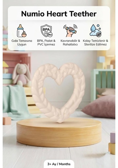 Kalp Şekilli Esnek Bpa İçermeyen Kabartılı Pastel Renkli Oyuncak Bebek Diş Kaşıyıcısı Krem