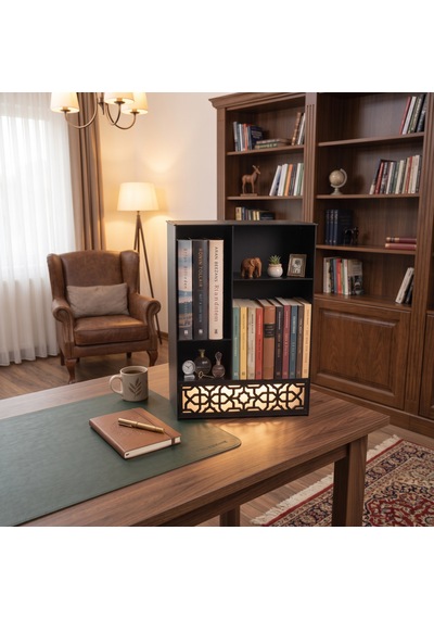 Işıklı Metal Masa Düzenleyici Masaüstü Kitaplık Minimalist Kitap Tutucu Siyah