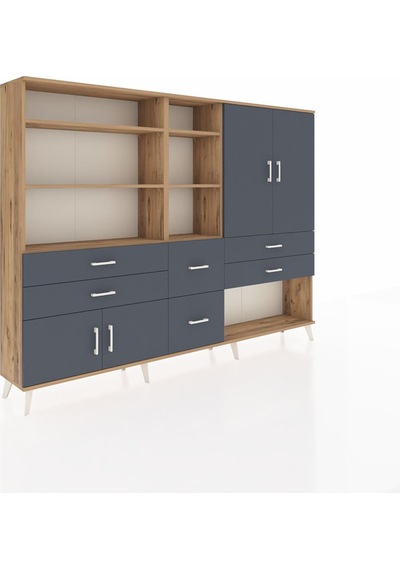 Arges Dolap 10 Raflı 6 Çekmeceli 4 Kapaklı 220x30x163 Çam-antrasi Çam-antrasit
