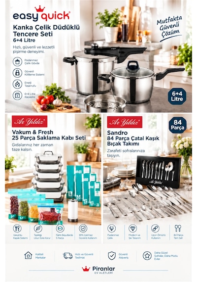 Aryıldız 3'lü Mutfak Seti Kanka Çelik Düdüklü Tencere 4+6 L + Sandro 84 Parça Çkb Takımı + Vacuum Fresh 25 Parça Saklama Kabı Diğer