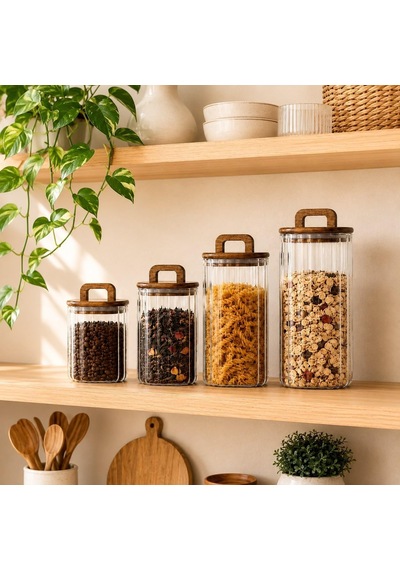 Akasya Kapaklı Line Cam Kavanoz 4 Lü Set 700 Ml 1100 Ml 1500 Ml 1850 Ml Mutfak Saklama Kabı Çok Renkli
