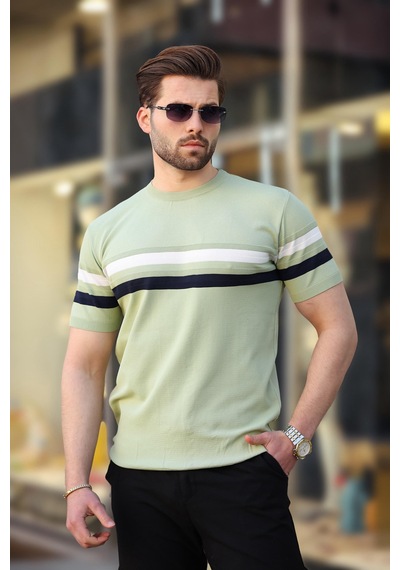 Madmext Madmext Çağla Yeşili Bisiklet Yaka Çizgili Erkek T-shirt E7412 Çağla Yeşili