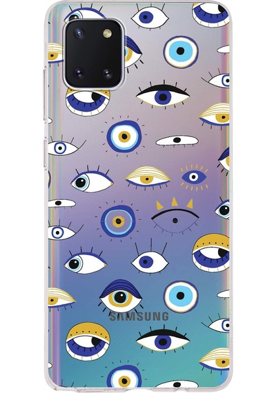 Samsung Galaxy Note 10 Lite İle Uyumlu 1mm Slim Fit Nazar Boncuğu 2 Baskılı Şeffaf Kılıf Şeffaf