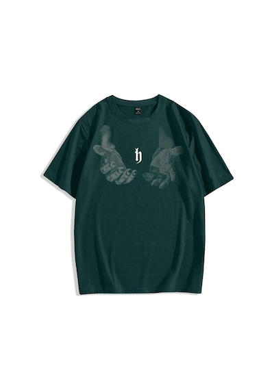 Erkek El Baskı Oversize Nefti Yeşil Baskılı T-shirt - Bisiklet Yaka Kısa Kol Rahat Kalıp Tişört Nefti Yeşil