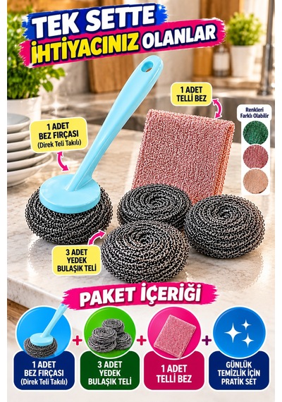 4'lü Süper Set Bulaşık Teli Fırçası 3 Yedek Tel Telli Bez Tencere Tava Mutfak Temizlik Seti