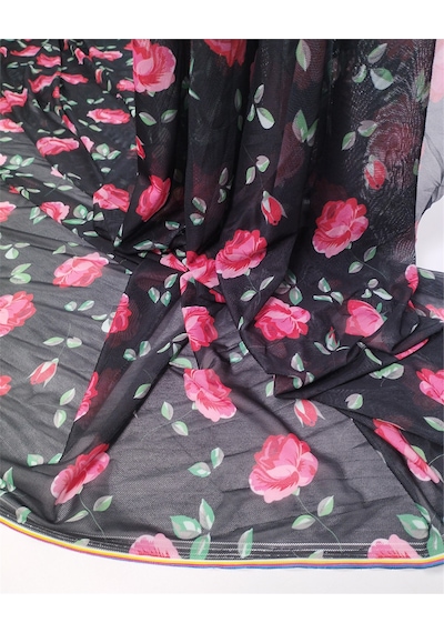Siyah Üzeri Gül Desenli İnce Esnek Yumuşak File Örme Kumaş Elbiselik & Bluzluk En: 150cm-12611