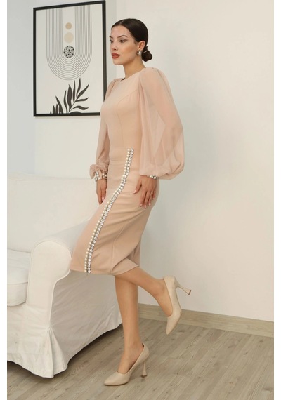 Lodmela İnci Ve Taş Süslemeli Balon Kol Abiye Elbise 2244-camel Camel