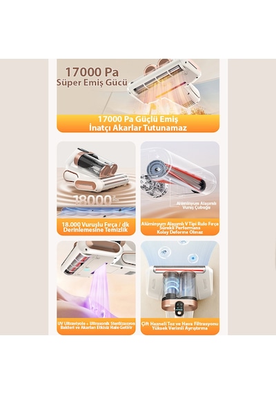 Ezere Dustaway 17000 PA Güçlü Kablosuz Akar Ve Toz Uv Işıklı Yatak Ve Koltuk Temizleyici