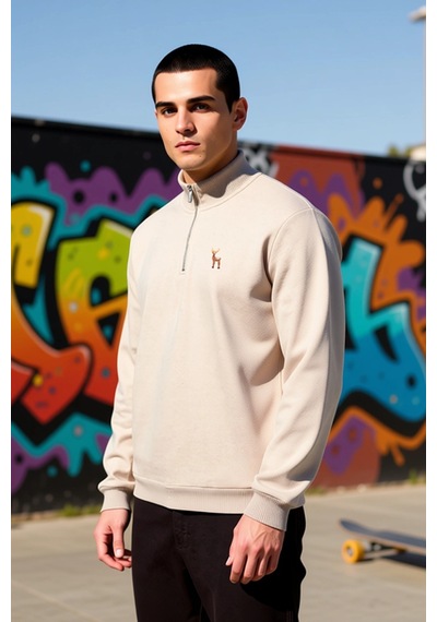 Benerly Erkek Dik Yaka Standart Kol Regular Kalıp Sweatshirt Fonksiyonel Bej