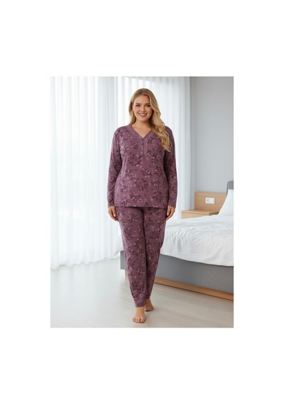Eyfuze Kadın Büyük Beden Desenli Yakası Düğmeli Uzun Kollu Bambu Pijama Takımı Bordo-1