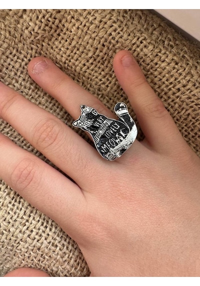 Metal Kedi Figürlü Piyano Desenli Kadın Yüzük Ayarlanabilir Zamak Kaplama Takı Gümüş - Gri