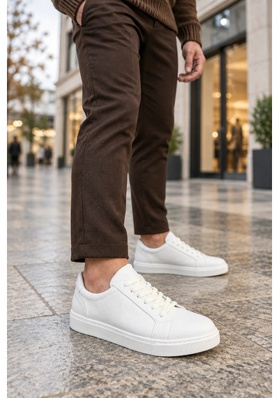 Mevese Etile Bağcıklı Cilt Erkek Günlük Sneaker Ayakkabı - Beyaz