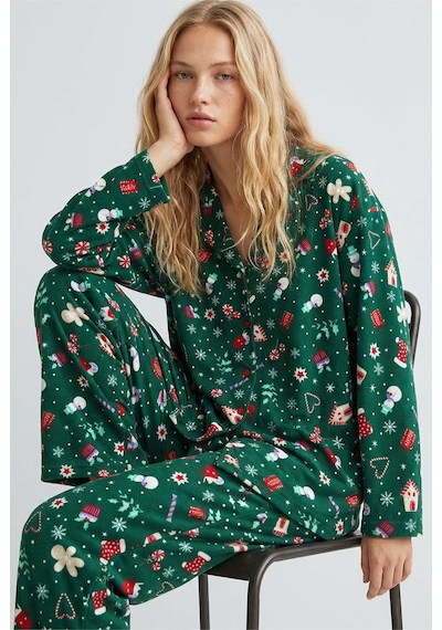 Siyah İnci Yumuşak Dokulu Süet Düğmeli Örme Pijama Takım 7984 Yeşil