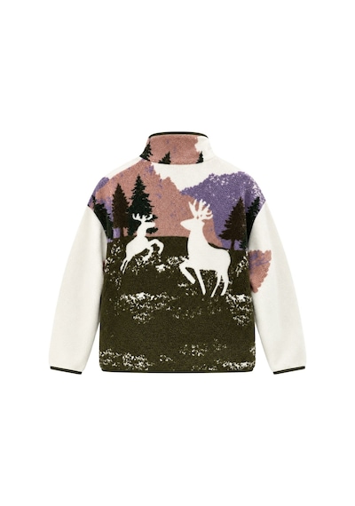 Vadon 1061 Kadın Geyik Ve Orman Desenli Yandan Cepli Fermuarlı Polar Sweatshirt Haki
