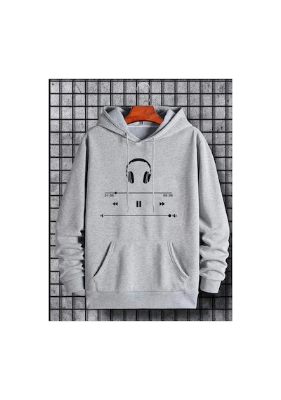 Medinenur Kulaklık Baskılı Kapüşonlu Cepli Sweatshirt Gri