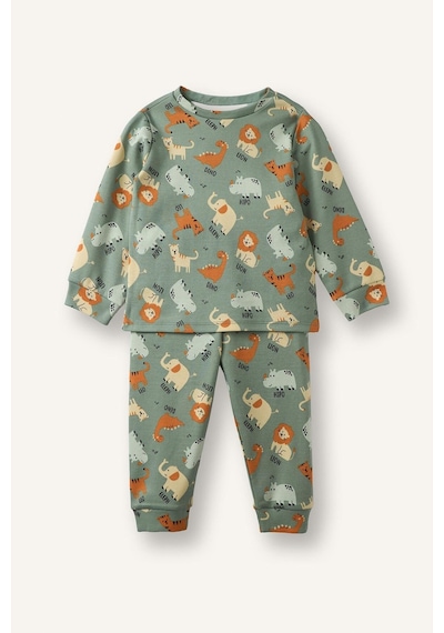 Defacto Baskılı Uzun Kollu Üst Lastikli Paça Alt 2li Pijama Takımı Erkek Bebek I1436a526augn1107 Yeşil-gn1107