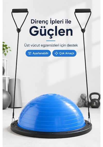 Bosu Ball Denge Topu 45 Cm Pilates Aleti Direnç Lastiği + Pompa Dahil Kaymaz Taban
