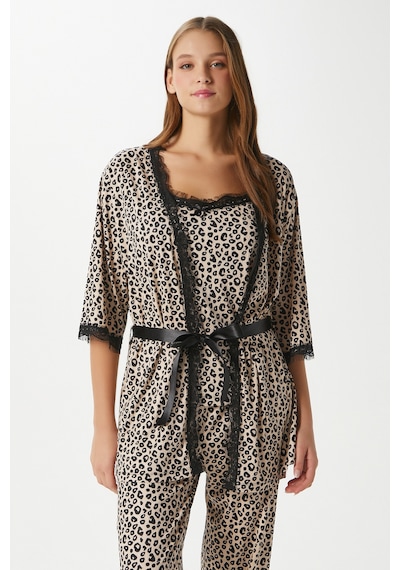 Ritnice Kadın Betty Leopar 3'lü Paket Sabahlıklı İp Askılı Dantelli Fitilli Örme Pijama Takımı Leopar