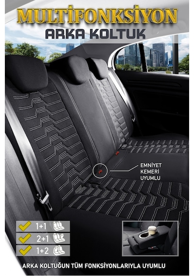 Renault Kangoo E-tech 2+1 Deri Detaylı Oto Koltuk Kılıfı Ön Arka Set Siyah Beyaz Platinium Model Fs