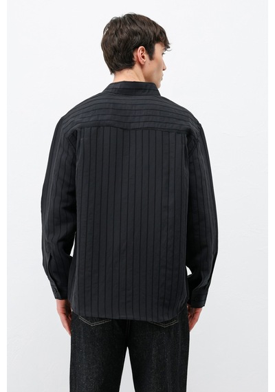 Vamos Modal Kumaş Çizgili Oversize Gömlek Siyah