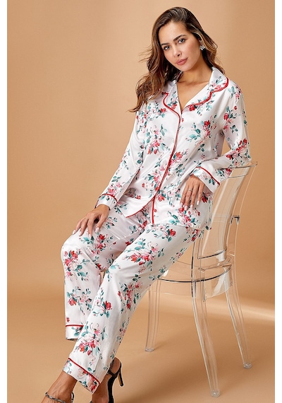 Nurteks 5654x Kadın Büyük Beden Saten Önden Düğmeli Uzun Kollu Pijama Takımı-ekru Ekru