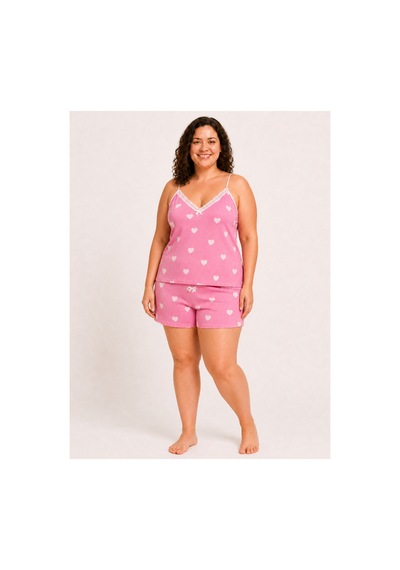 Bravie Kadın Büyük Beden İp Askılı Yakası Dantelli Beyaz Kalpli Pembe Yazlık Pijama Takımı Açık Pembe