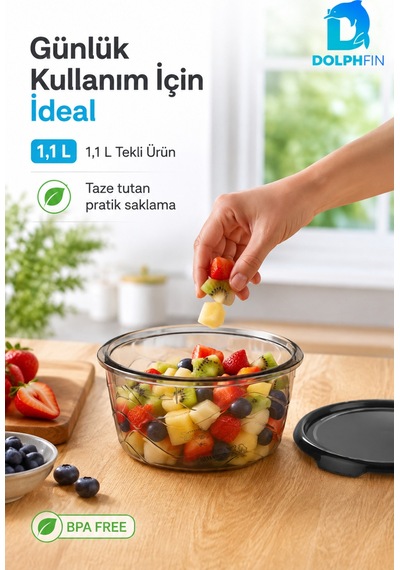 Yuvarlak Saklama Kabı 1,1 Litre 17x17x7 Cm Füme Şeffaf Siyah Kapaklı Bpa İçermez