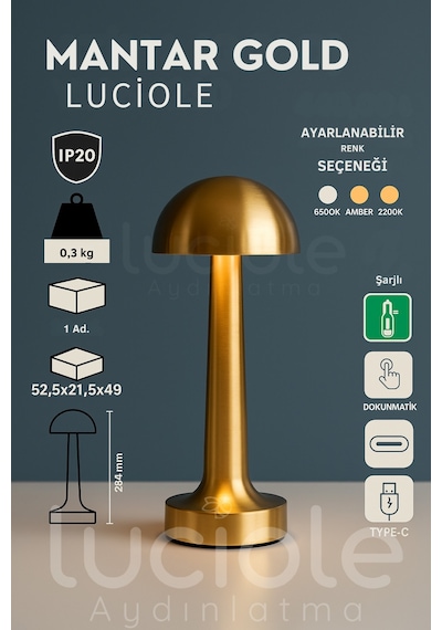 Ct-8429 Mantar Gold Şarjlı Dokunmatik 3 Renk Ayarlanabilir Masa Lambası Diğer