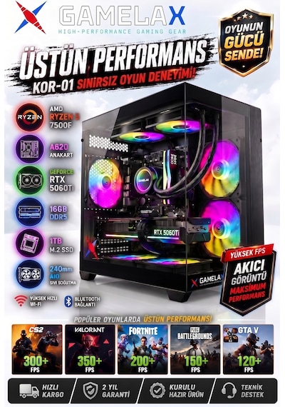 Gamelax Kor-01 Amd Ryzen5 7500f Rtx5060 Ti 8gb 16gb Ddr5 Ram 1tb M.2 Ssd 240mm Sıvı Soğutma Wi-fi Ma