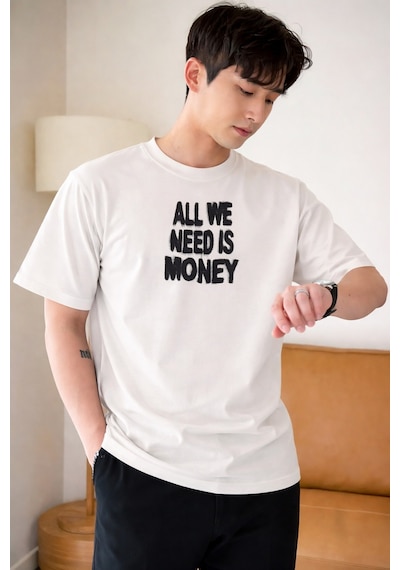 Tarz Cool Erkek Oversize Tişört Baskılı All We Need Is Money Yazılı Basic Streetwear T-shirt Beyaz