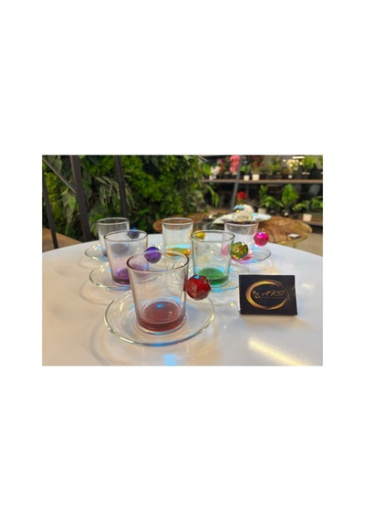 Ars Paşabahçe Renkli Kristal Toplu 12 Parça 6 Kişilik Çay Fincanı Takımı, Cam Kahve Fincan Takımı Çok Renkli