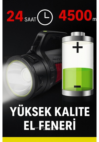 Şarjlı Çok Fonksiyonlu Led El Feneri 4500mah Powerbank, Su Geçirmez, Çoklu Işık Modları Çok Renkli