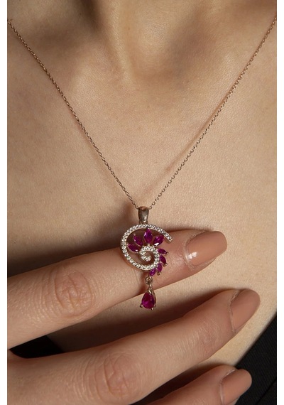 925 Ayar Gümüş Rose Kaplama Fuşya Renkli Spiral Snail Tasarım Kolye