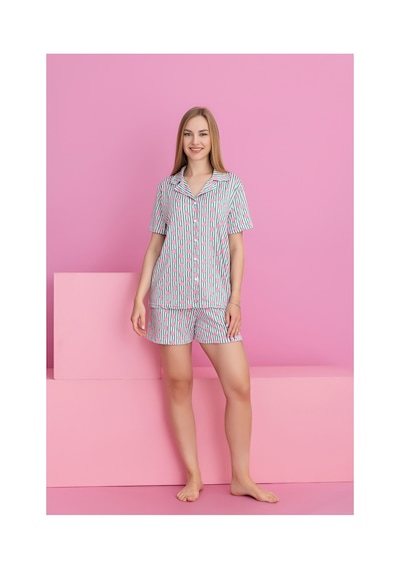 Rindahomewear Kadın Cızgılı Kalplı Milan Düğmeli Şort Takımı Gri