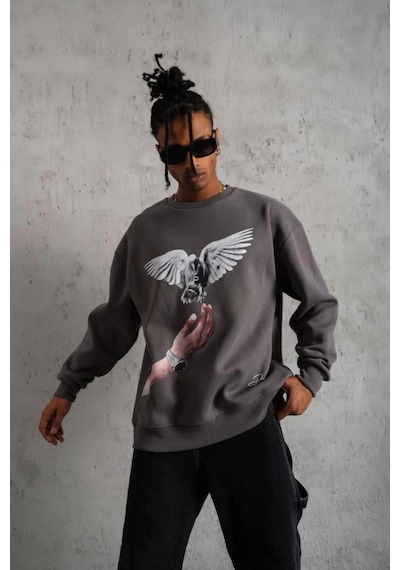 Erkek Güvercin Baskılı 3 İplik Pamuklu Bisiklet Yaka Sweatshirt - Gri