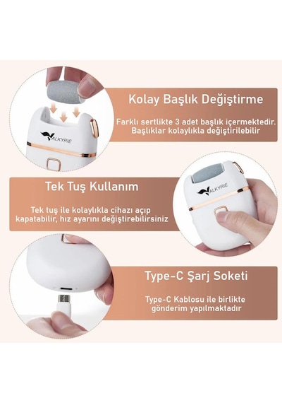 Valkyrie Şarjlı Pedikür Makinesi Nasır Giderici Elektrikli Ayak Törpüsü Type-c 3 Başlıklı Taşınabilir