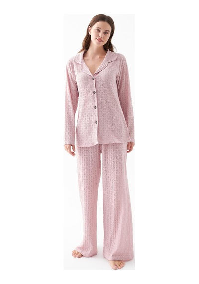 Akbeniz Kadın Pembe Önden Düğmeli Rahat Kesim Pijama Takımı