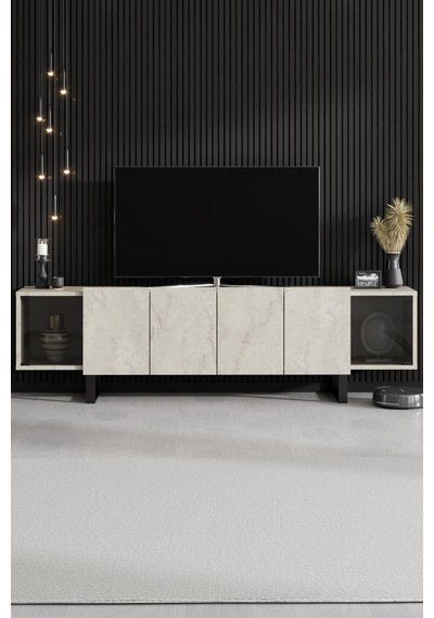 Zenit Siyah Demir Ayaklı Rgb Led Işık Sistemli Traverten Tv Ünitesi Tv Sehpası Traverten - Siyah