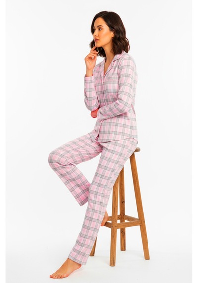 Bravie Luxury Viscose Pembe Ekose Desenli Kadın Uzun Kollu Büyük Beden Pijama Takımı 42531 Pembe