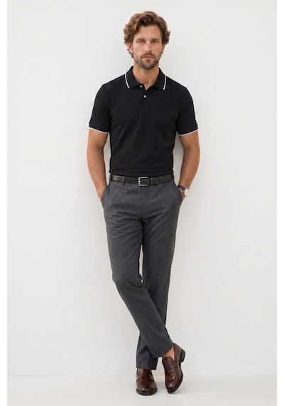 Tudors Erkek Regular Fit Klasik Kesim %100 Pamuk Kısa Kollu Çizgi Detaylı Siyah Polo Yaka Tişört-50849