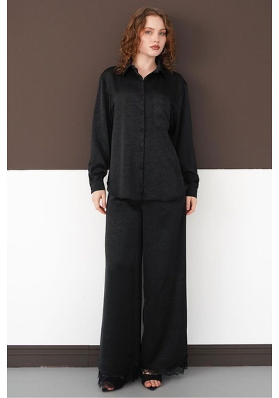 Verymoda Pileli Paça Ucu Dantel Pantolon F2102 Siyah