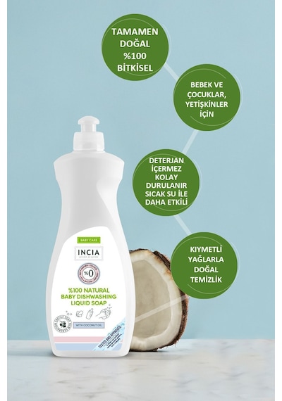 INCIA %100 Doğal Bebek Bulaşık Sabunu Bitkisel Emzik Biberon Temizleyici Vegan 500 ml