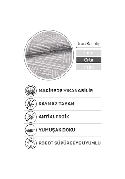 Revna Gri Yıkanabilir Halı Kaydırmaz Tabanlı Pamuk Dokuma Salon Mutfak Koridor İçin Gri
