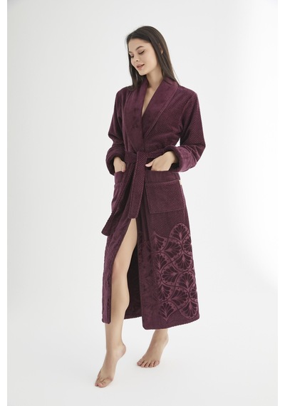 Şalyaka Jakarlı %100 Cotton Bayan Bornozu Bordo