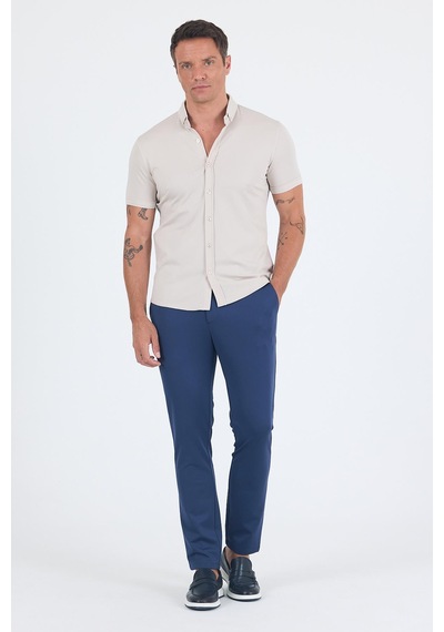 İmza Taş İtalyan Düğmeli Yaka Kısa Kol Cepsiz Slim Fit Gömlek 1004250255 Taş Rengi