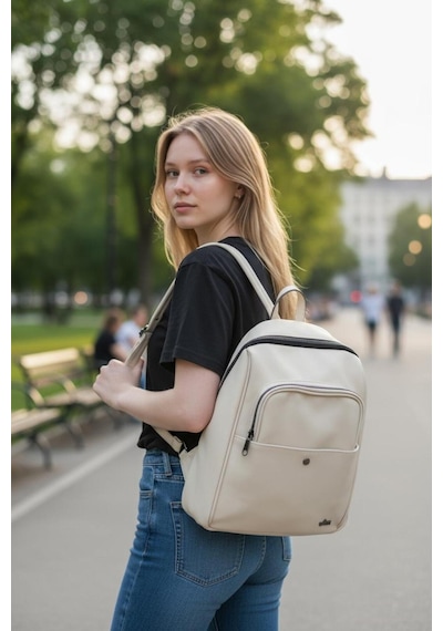 Jara Bag Jara Freya Yıkama Deri Sırt Çantası Krem Büyük Boy Jara17-7