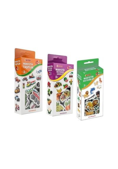 Diytoy 3'Lü Manyetik Oyuncaklar Hayvanlar - Meyveler Sebzeler - Taşıtlar Magnet