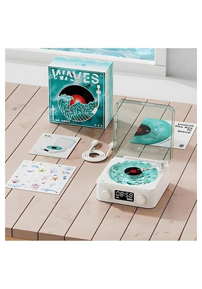Waves Nostalji Plak Çalar Bluetooth Subwoofer 3d Ses Dalgası Retro Müzik Plak Çalar Mavi