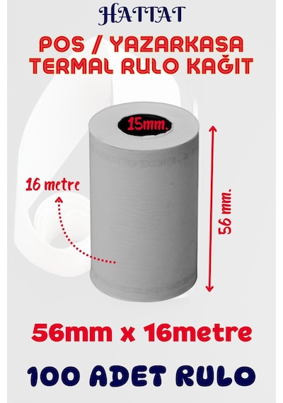 Hattat Termal Pos Rulo 100 Adet Rulo 56 MM x 16 M