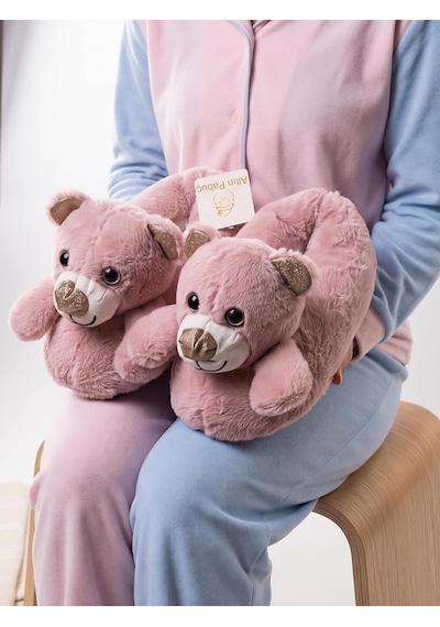 Altın Pabuç Kadın Hayvanlı Panduf Sıcak Tutan Peluşlu Rahat Yumuşak Kışlık Ayıcıklı Ev Terliği Pandifi Ve Botu Pembe